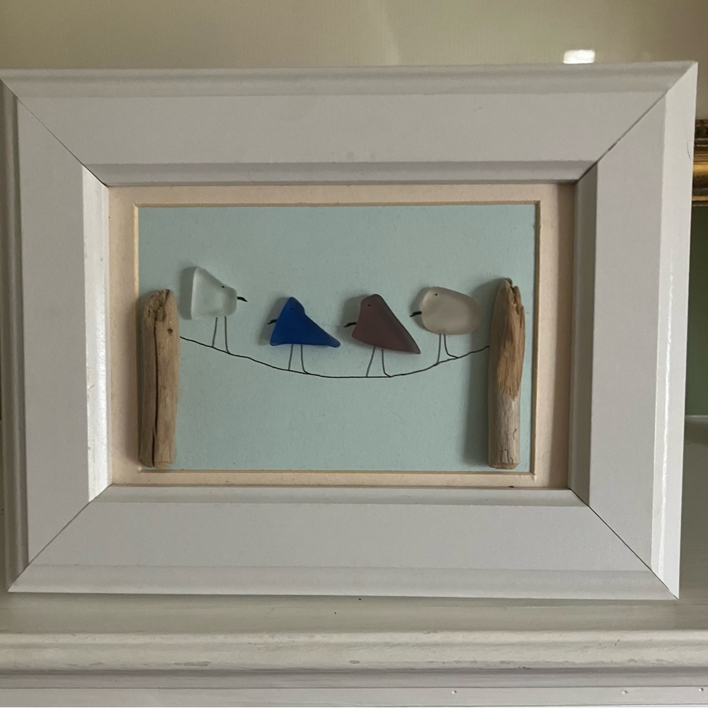 Framed Bird Art with Driftwood and Sea Glass